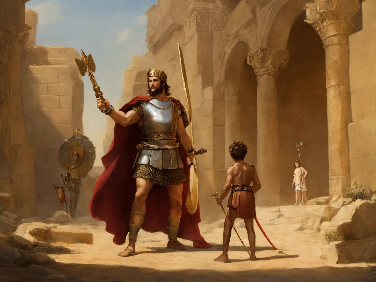 a painting of a man with a sword standing next to another man