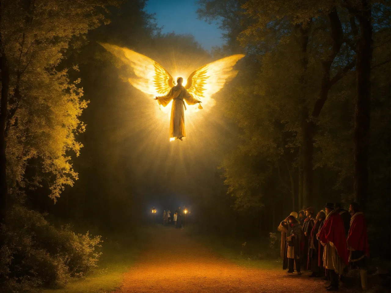 a group of people standing around a statue of an angel