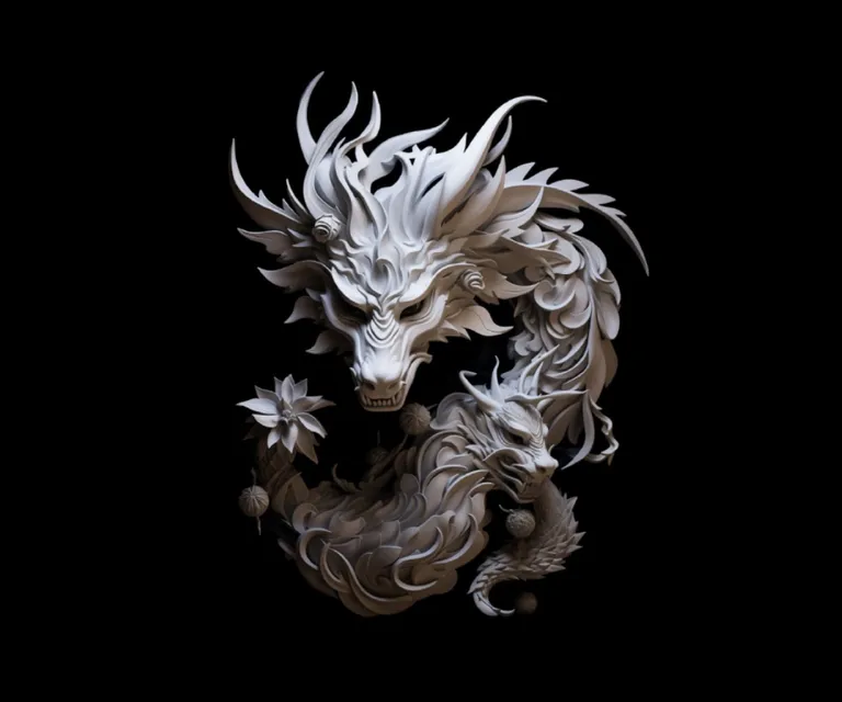 a white dragon statue on a black background