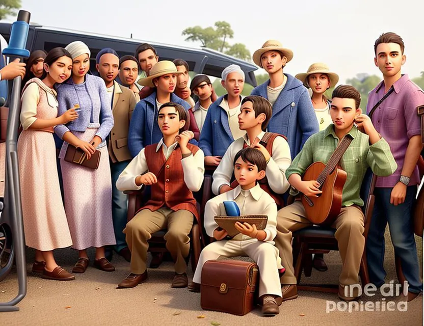 a group of people standing next to each other Farmer family playing American folk music with banjo,and guitar 