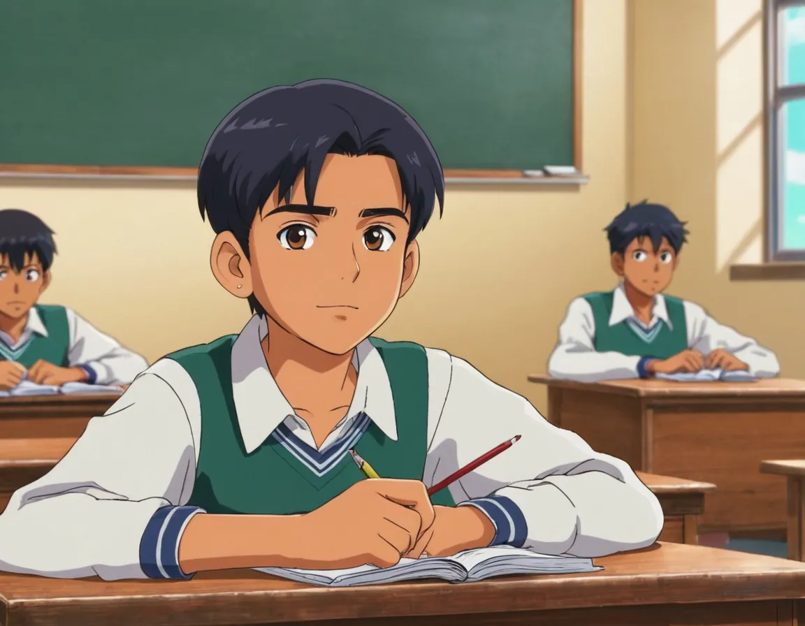 a young man sitting at a desk in a classroom