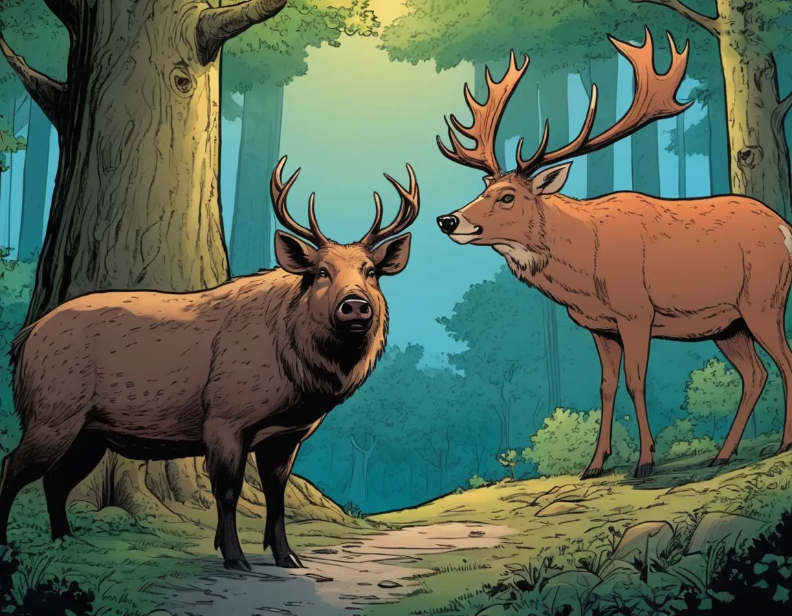 a wild boar and  deer standing next to each other in a forest