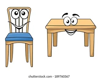 a chair and a table with faces on it having a conversation