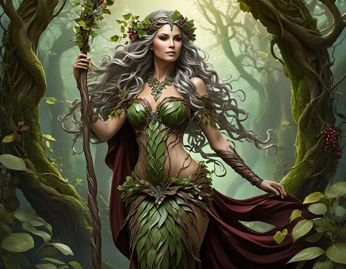 a woman in a forest holding a staff