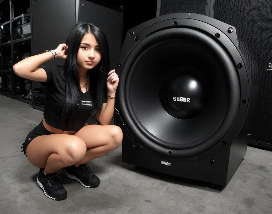 a woman kneeling next to a subwoofer speaker