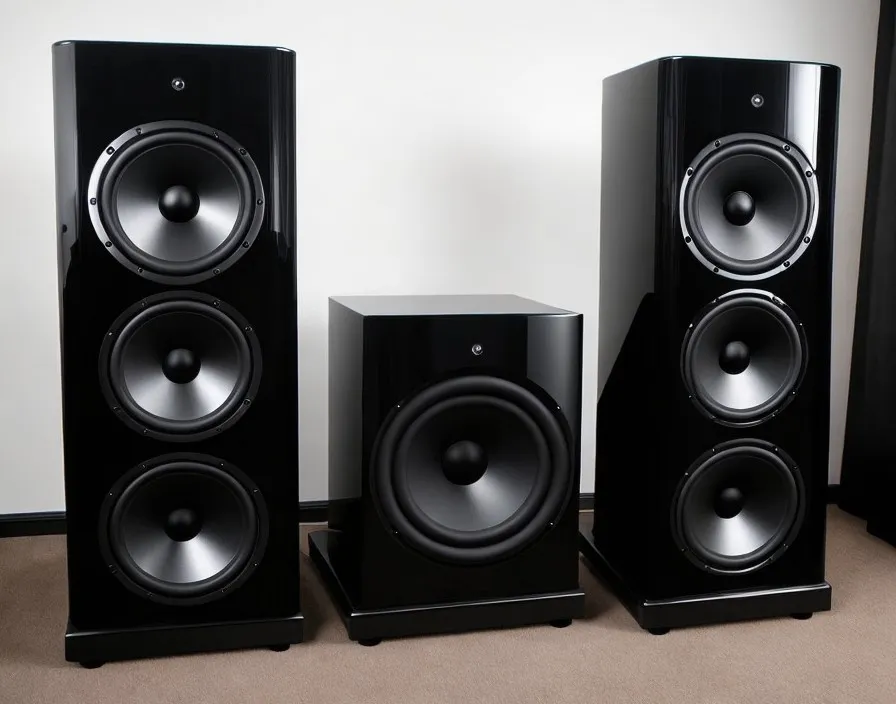 a group of speakers sitting on top of a carpeted floor