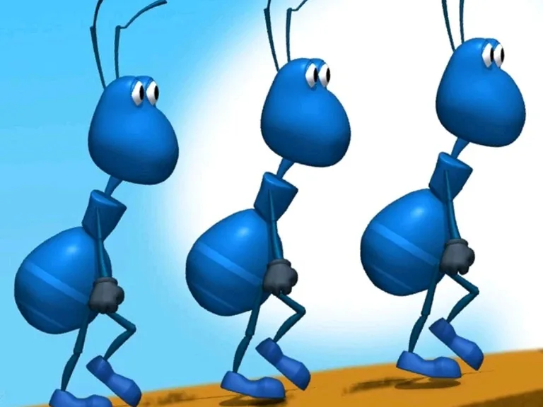 a group of blue ants standing next to each other