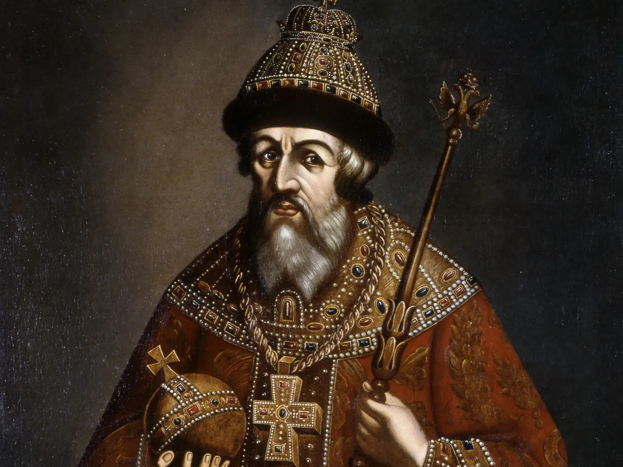 a painting of a man with a long beard and wearing a crown and holding a