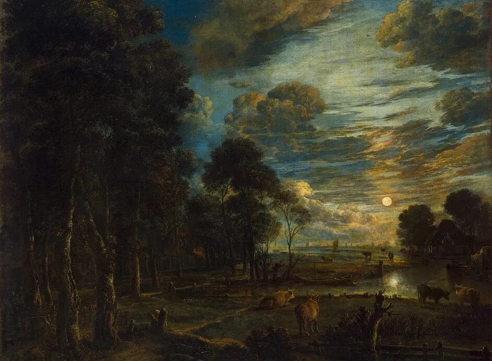 a painting of a night scene with cows grazing in the foreground