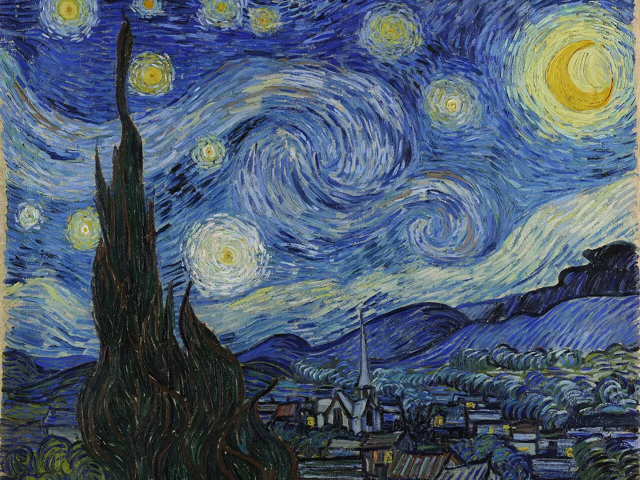 a painting of a starry night over a city, twirly motion