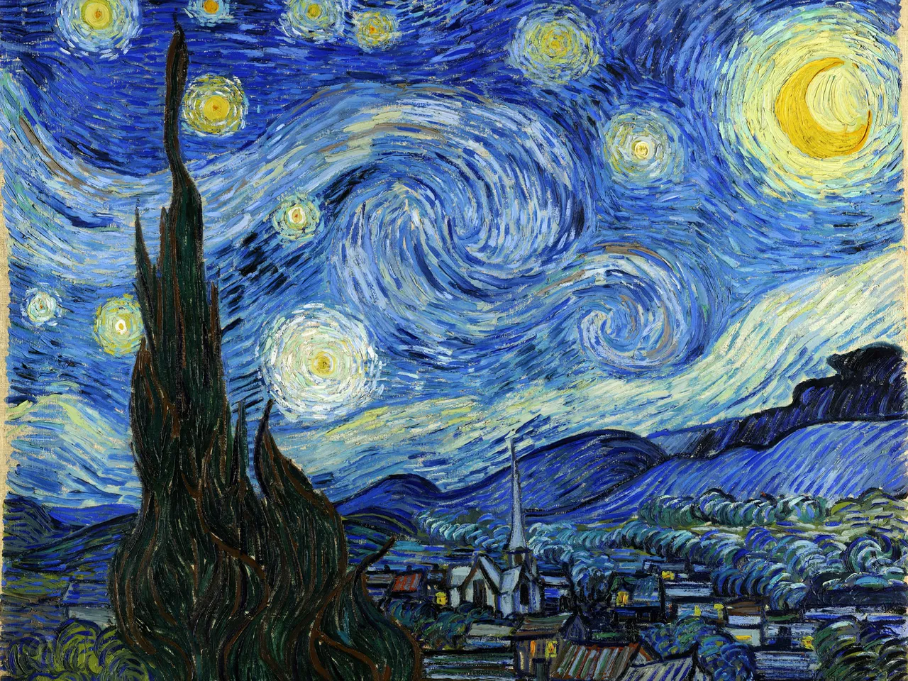 a painting of a starry night over a city