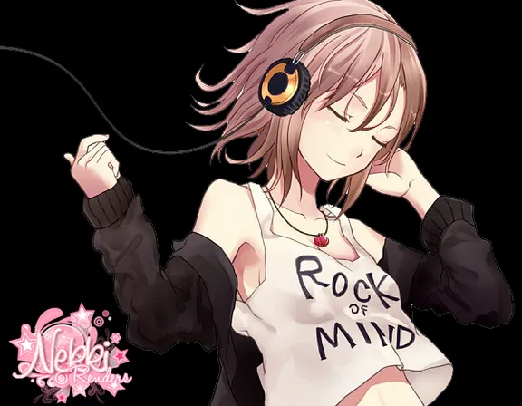 a girl with headphones and a rock of mind shirt