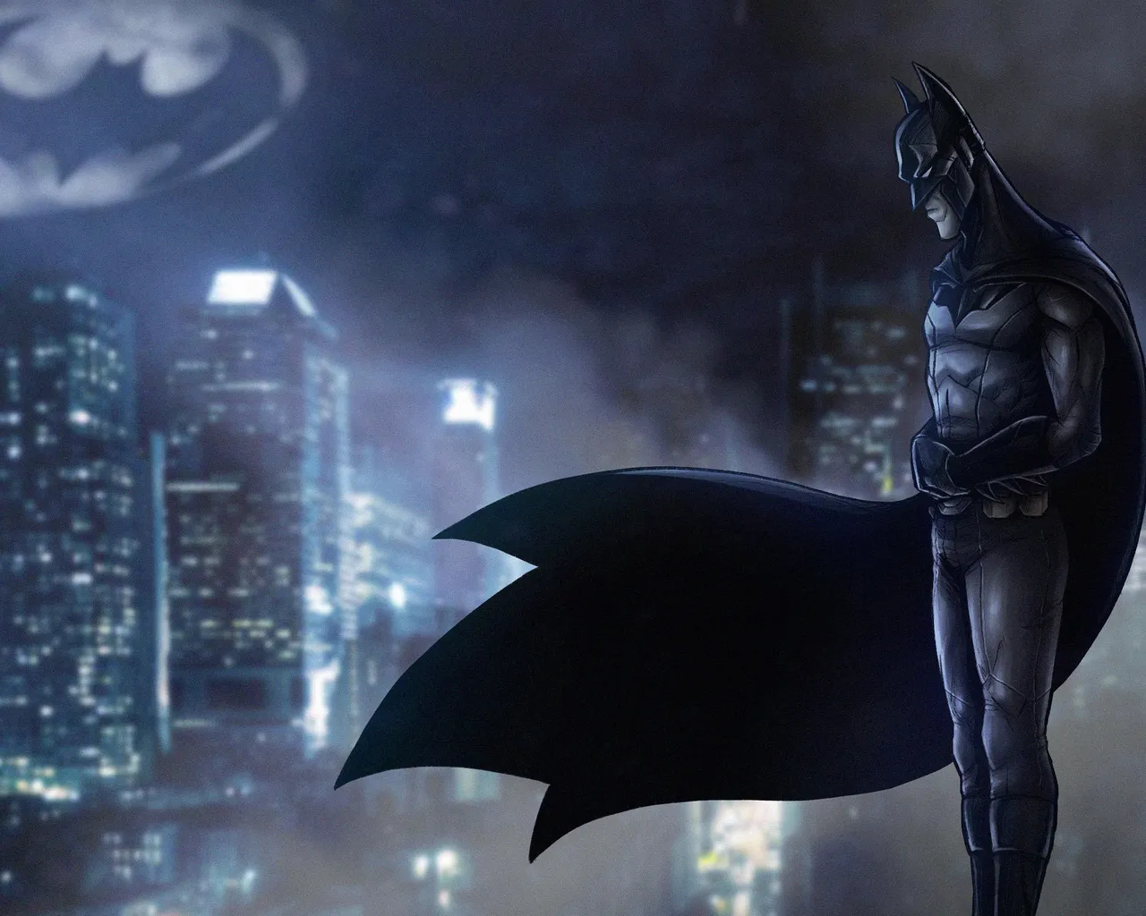 a batman standing in front of a city at night and his coat is moving 