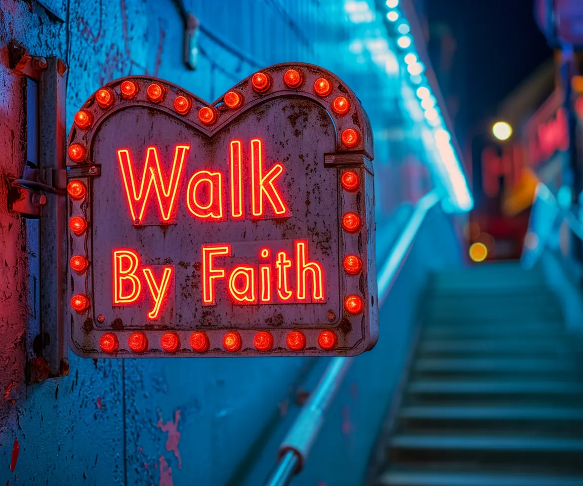 a flashing LED-lit neon sign that says walk by faith