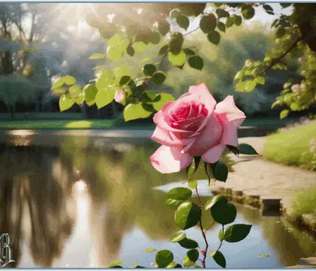 a pink rose sitting on top of a lush green field Ripples on the water and the movement of a flower in the wind. The background is stationary