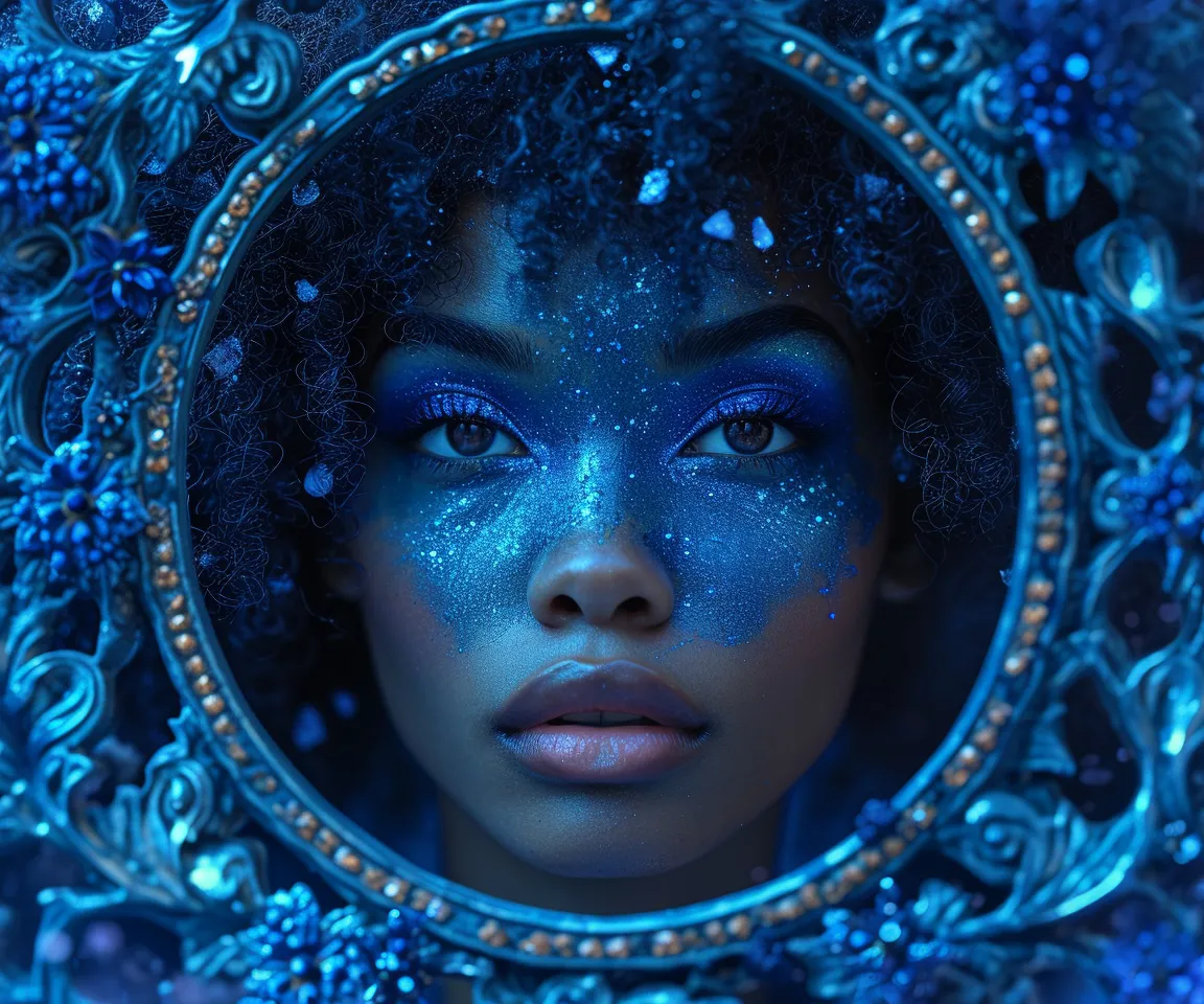 a woman with blue makeup is looking into a mirror