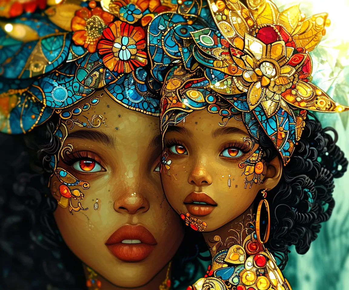 a painting of an African queen and her daughter wearing colorful jeweled headdress