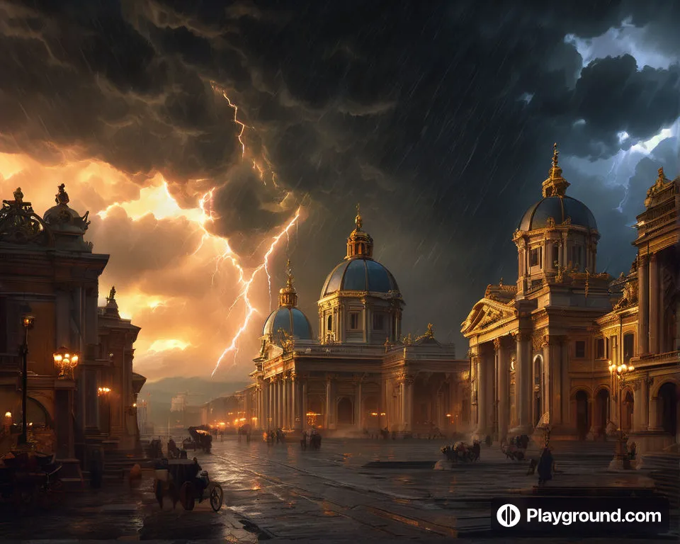 a painting of a storm in a city