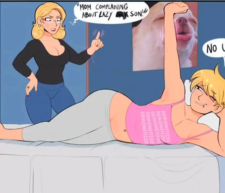 a cartoon picture of a woman laying on a bed