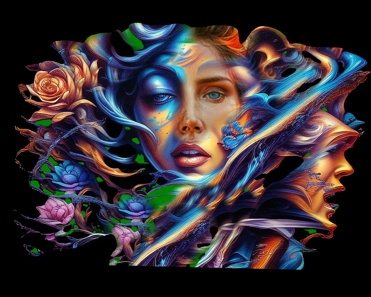 a painting of a woman's face surrounded by flowers