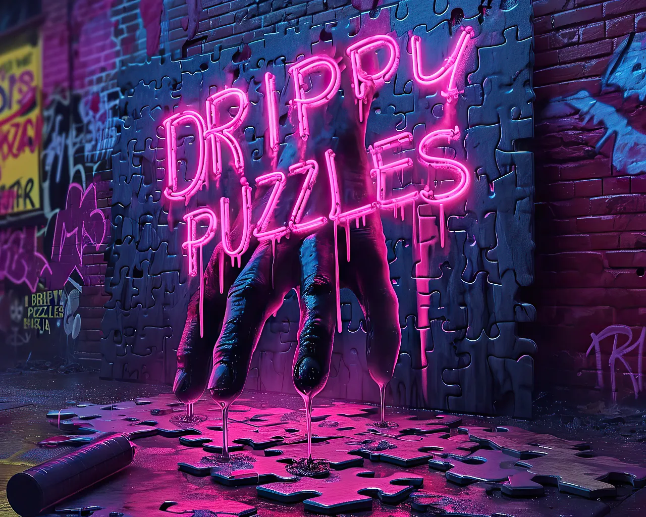 a neon sign that says drippy puzzles on a wall