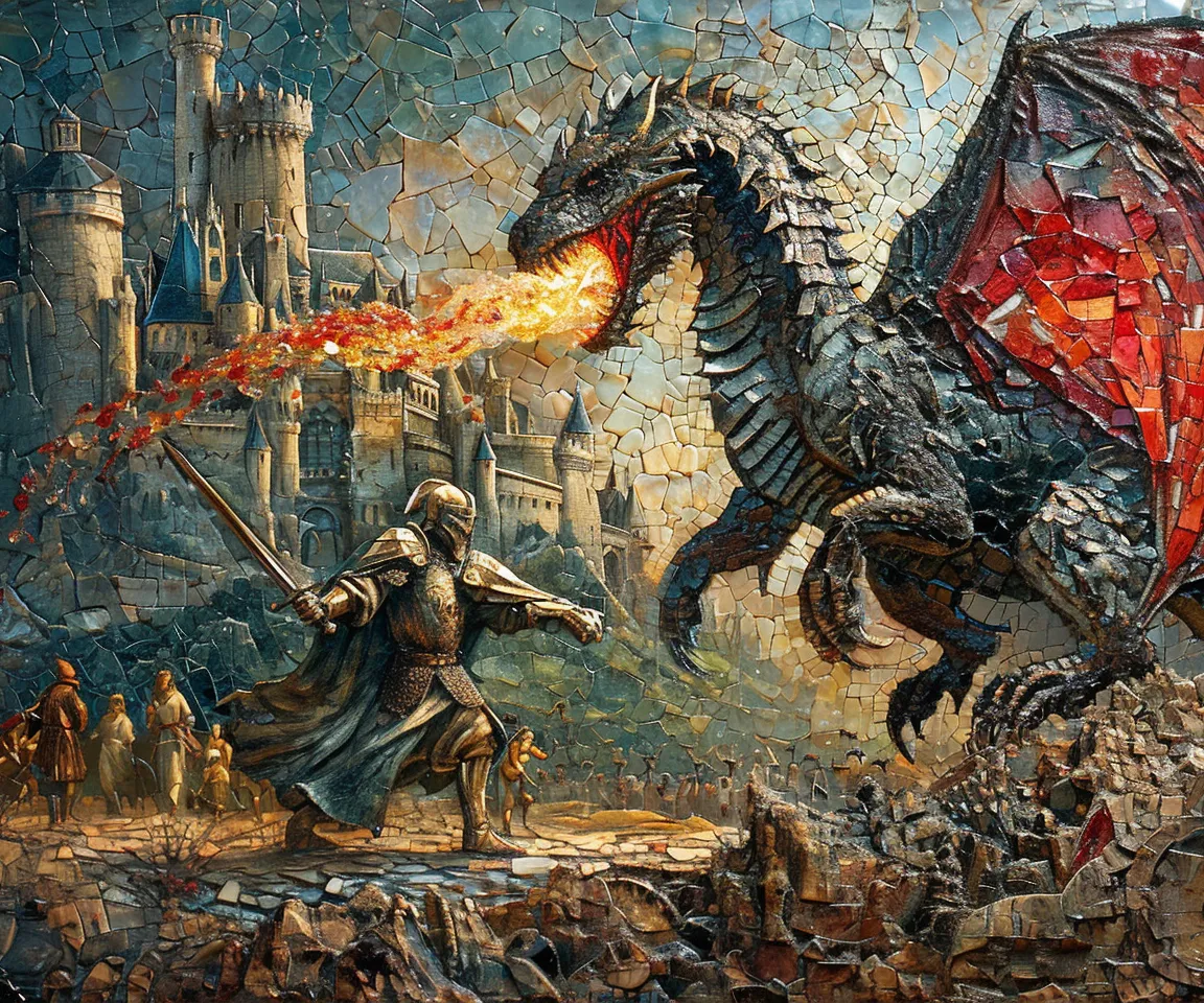 a painting of a dragon attacking a knight