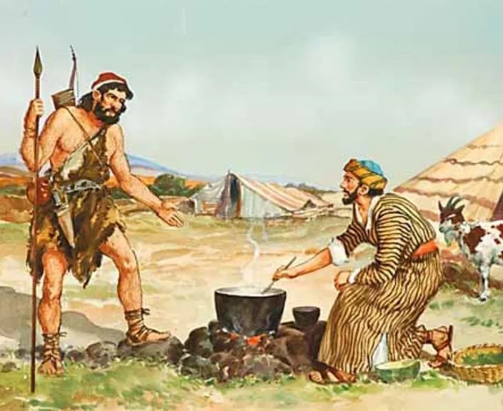 a painting of two men cooking in a field