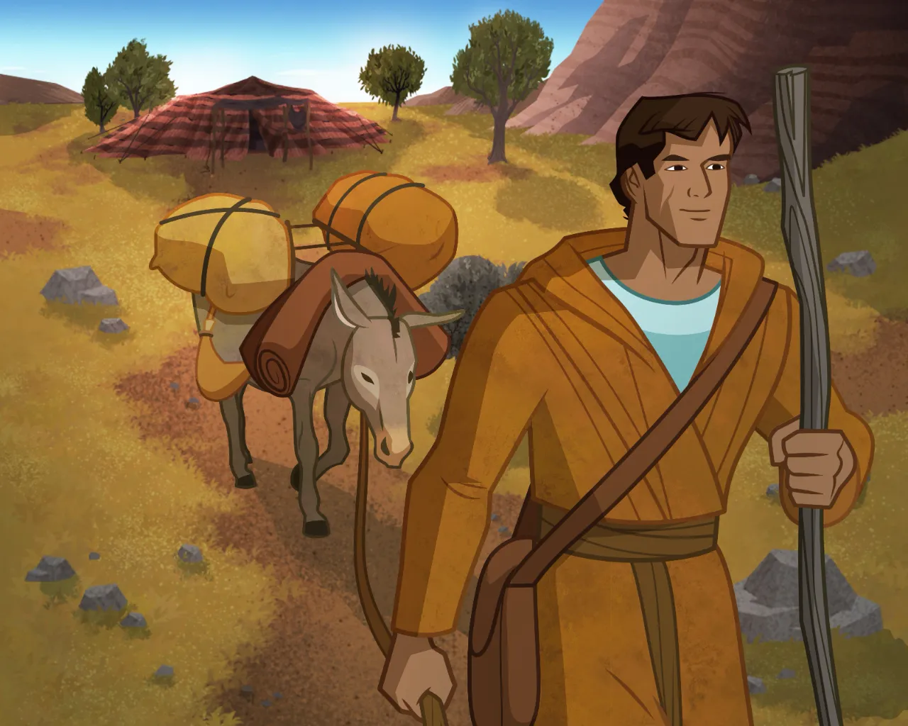 a cartoon of a man walking with two donkeys