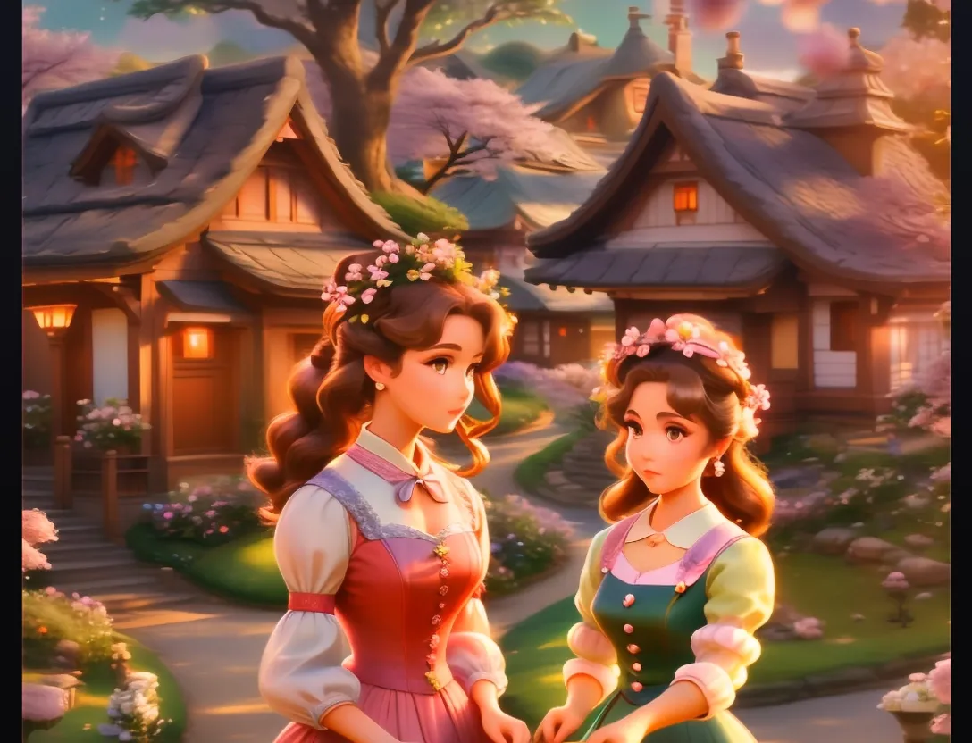 a couple of women standing next to each other in front of a house