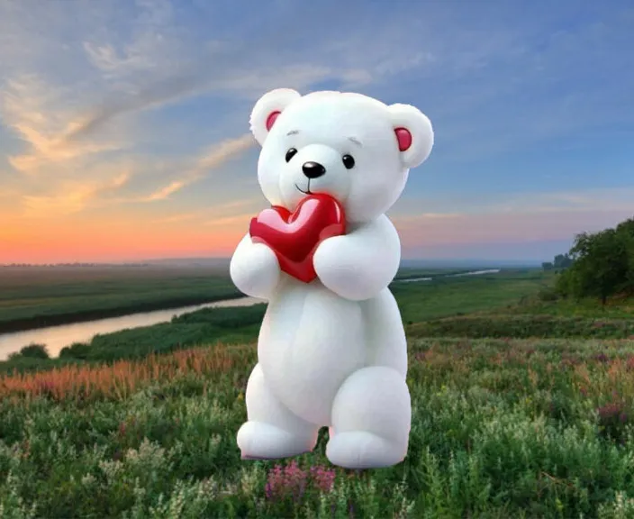 a white teddy bear with a red heart in his hands dances with joy after receiving a gift