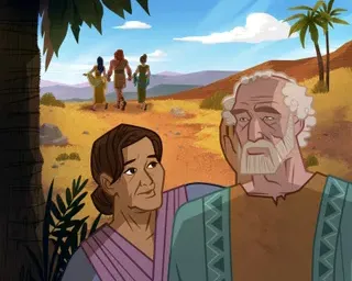 a cartoon of a man and a woman in the desert