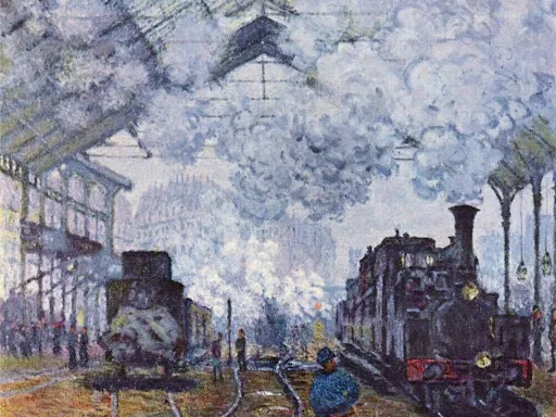 a painting of a train pulling into a train station. With animated smoke