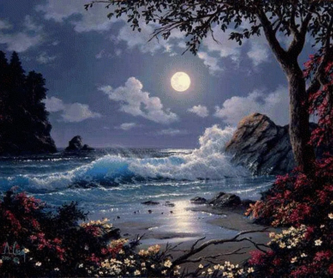 a painting of a full moon over the ocean