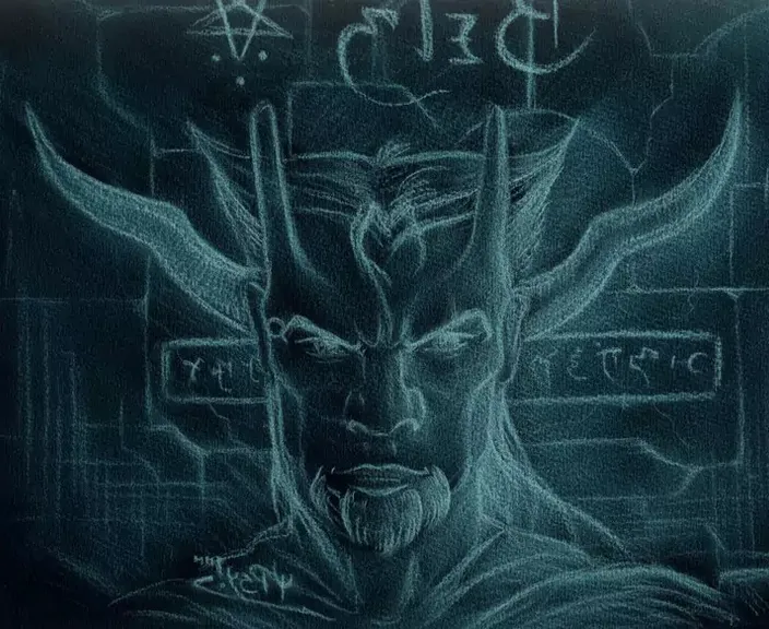 a drawing of a man with horns on his head