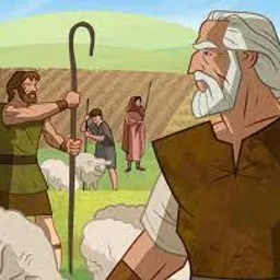 a cartoon of a man with a staff and sheep