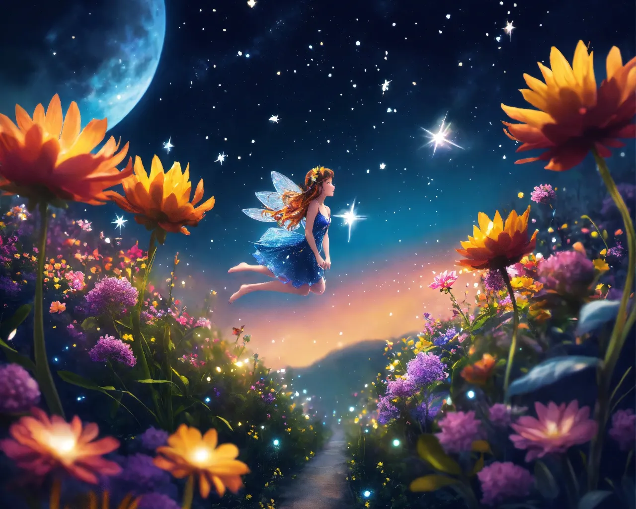 a painting of a fairy flying over a field of flowers