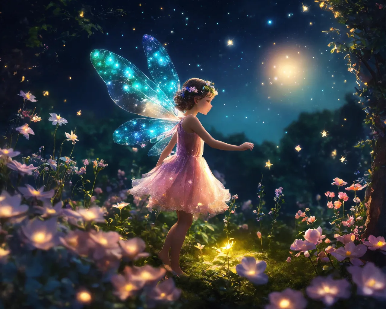 a little girl dressed as a fairy in a field of flowers