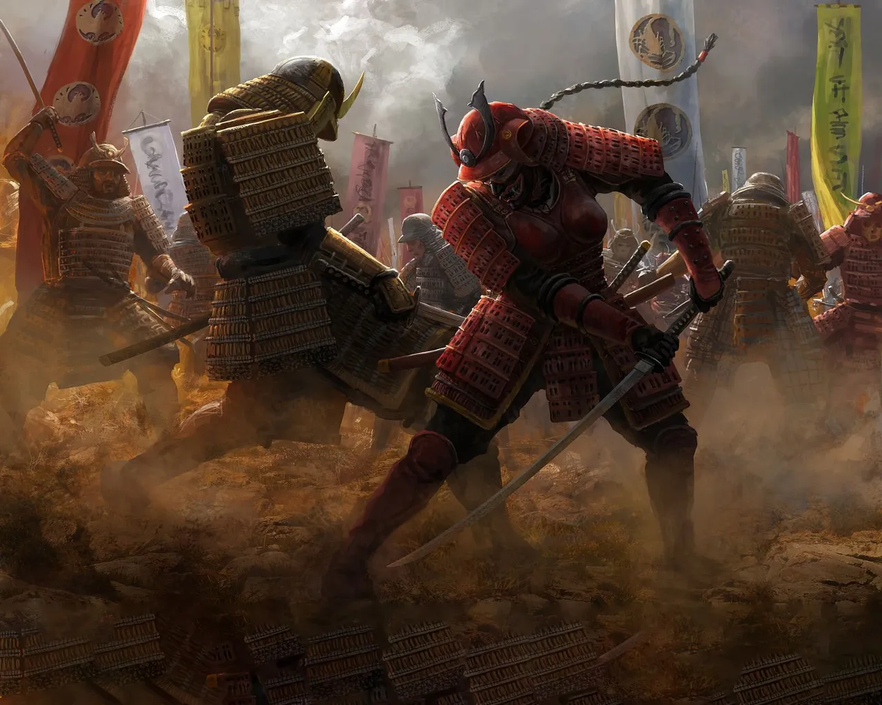 a painting of a group of people in armor Samurai