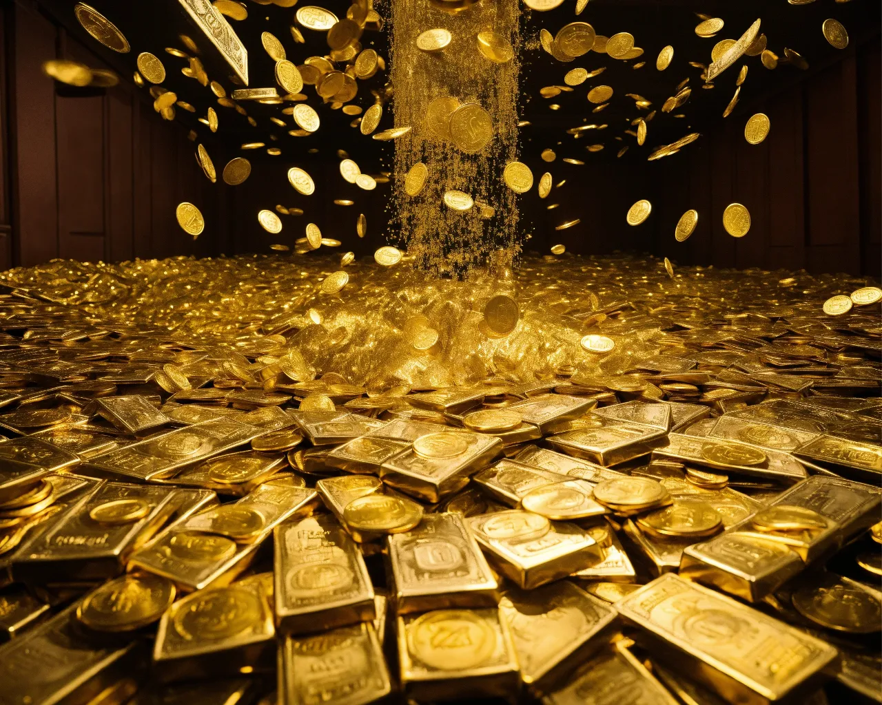 a pile of gold coins falling into the air