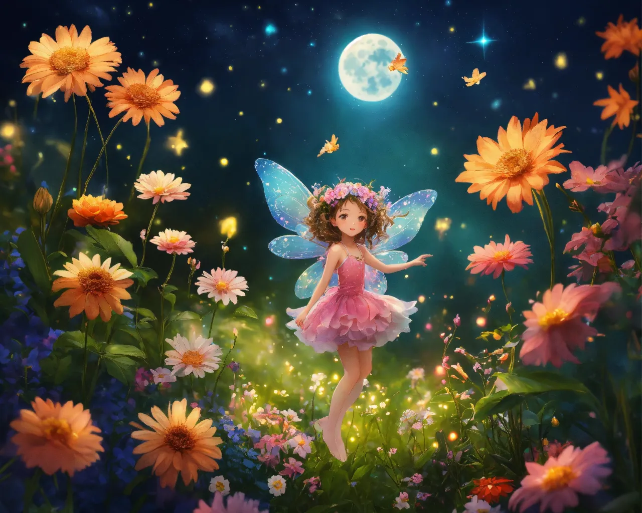 a little girl dressed as a fairy in a field of flowers