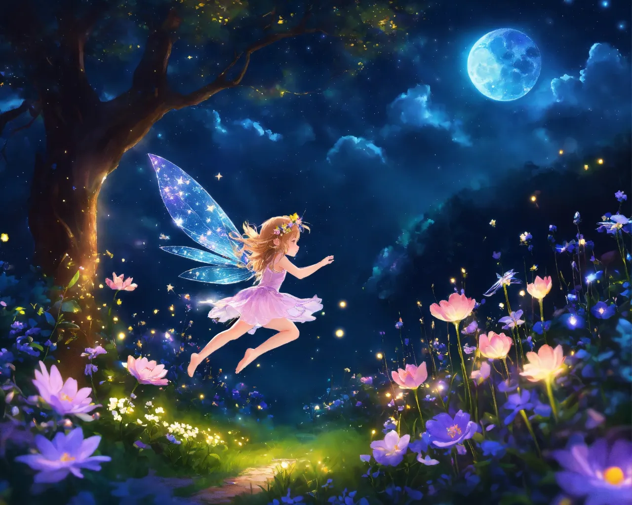 a fairy is flying through the night sky