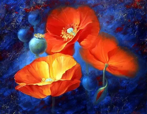 a painting of three orange flowers on a blue background, blurry