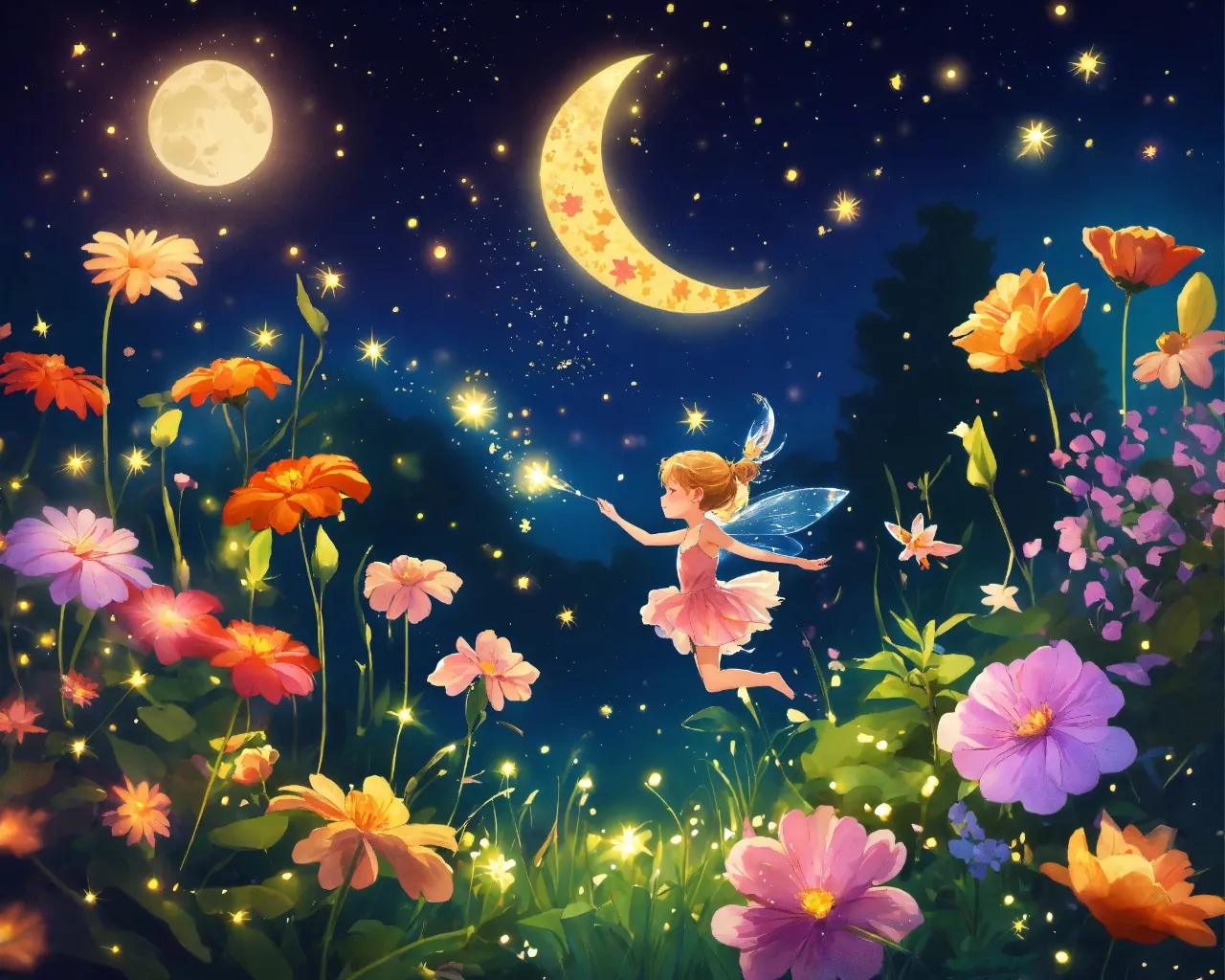 a painting of a fairy flying over a field of flowers