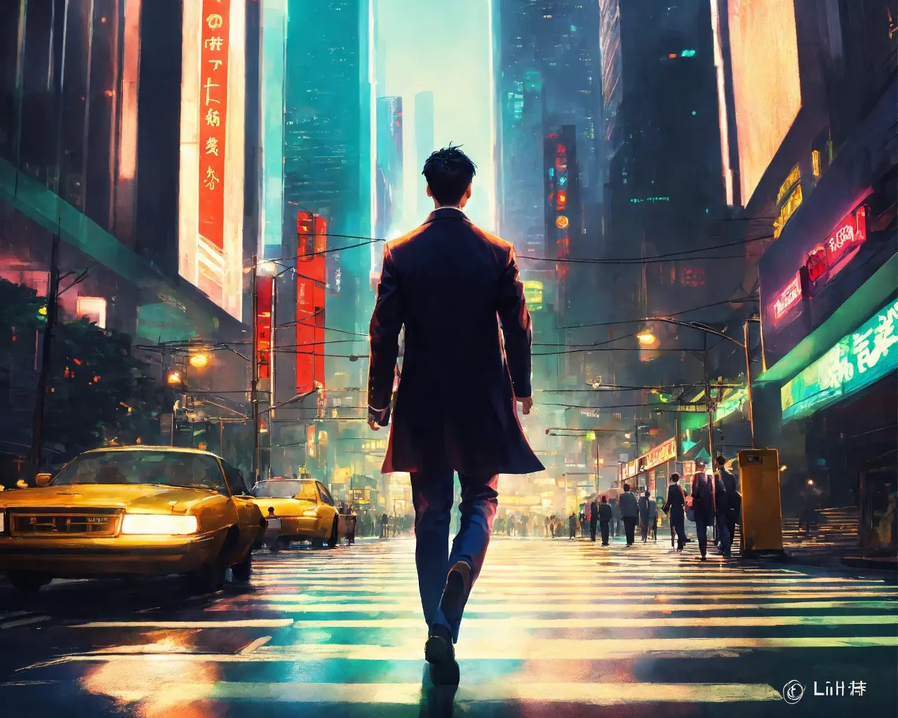 a man walking down a street in the middle of a city