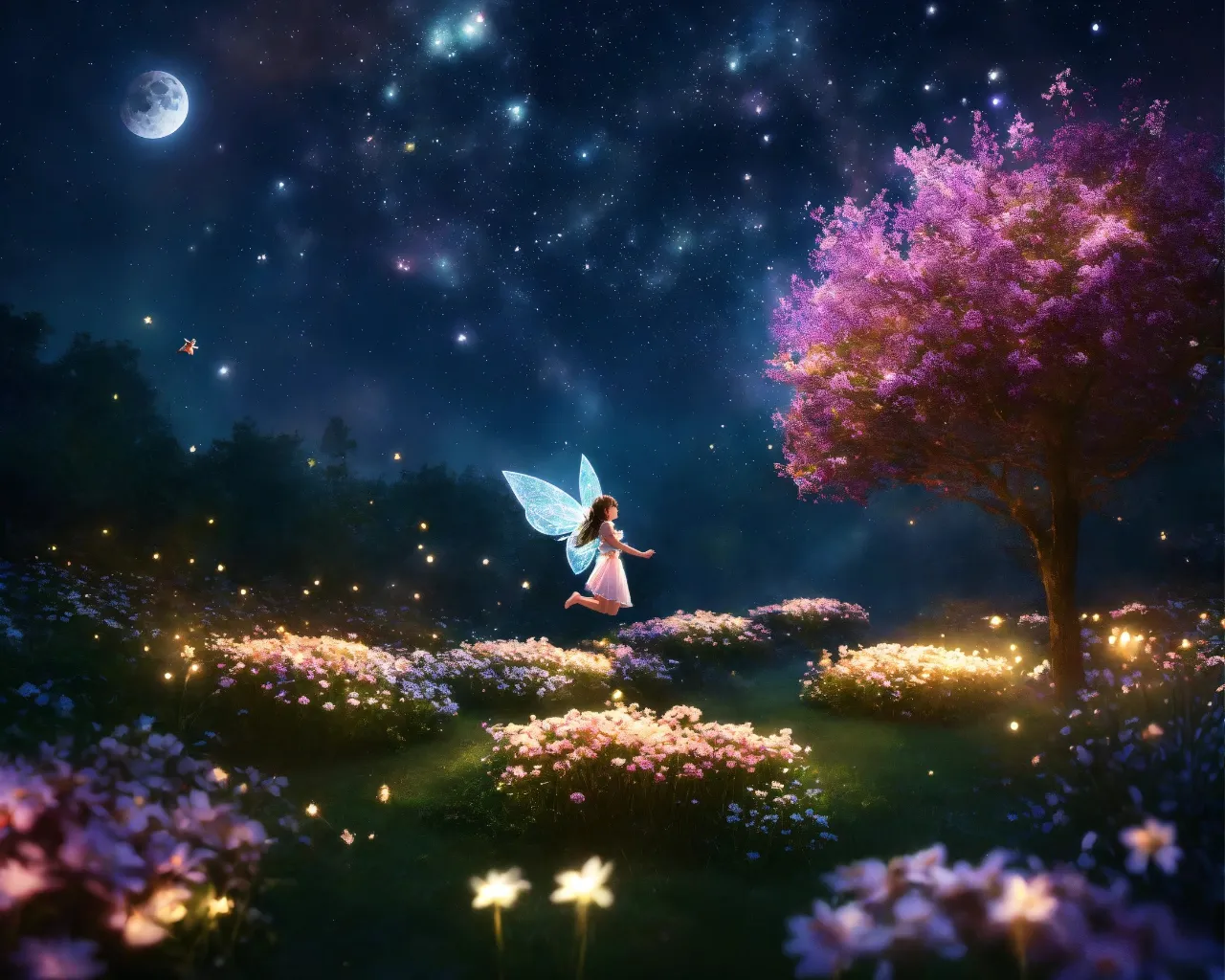 a fairy is flying through the night sky