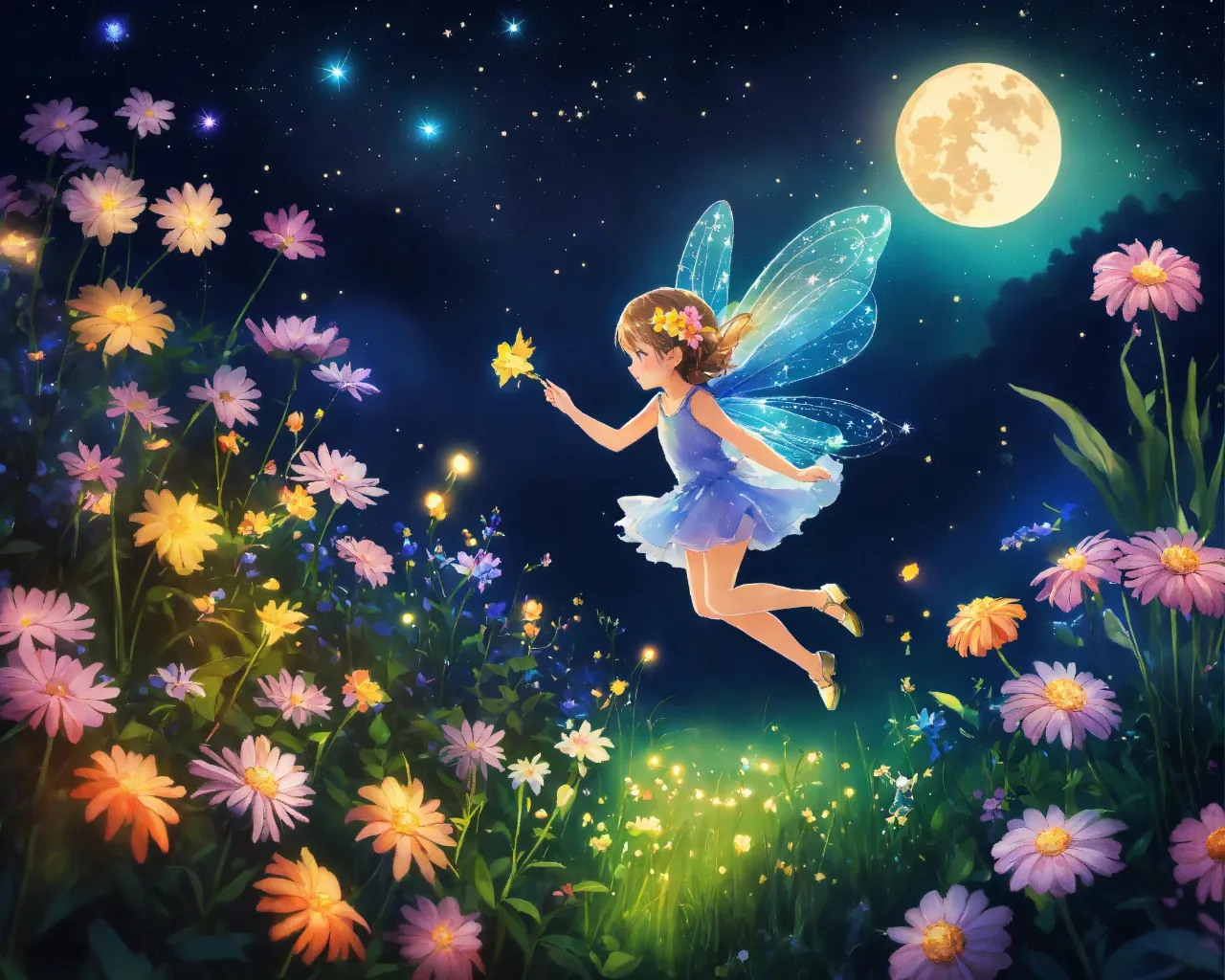 a painting of a fairy flying over a field of flowers