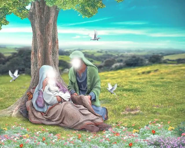 a painting of two people sitting under a tree