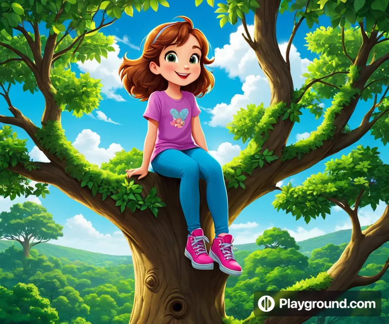 a girl sitting on a tree in the middle of a forest