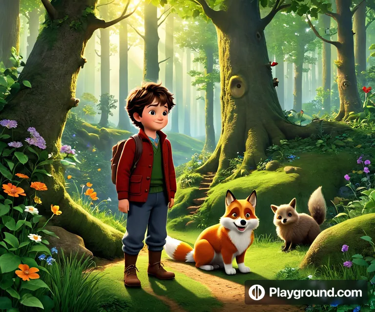 a boy standing next to a fox in a forest