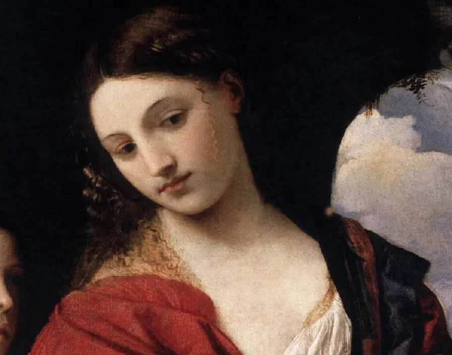 a painting of a woman in a red dress